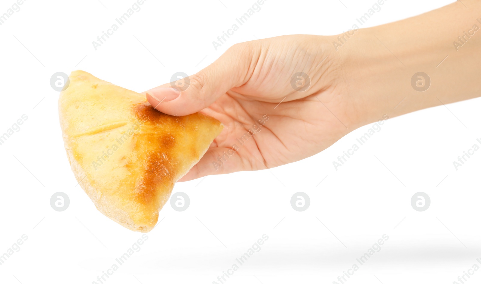 Photo of Woman holding delicious samosa on white background, closeup