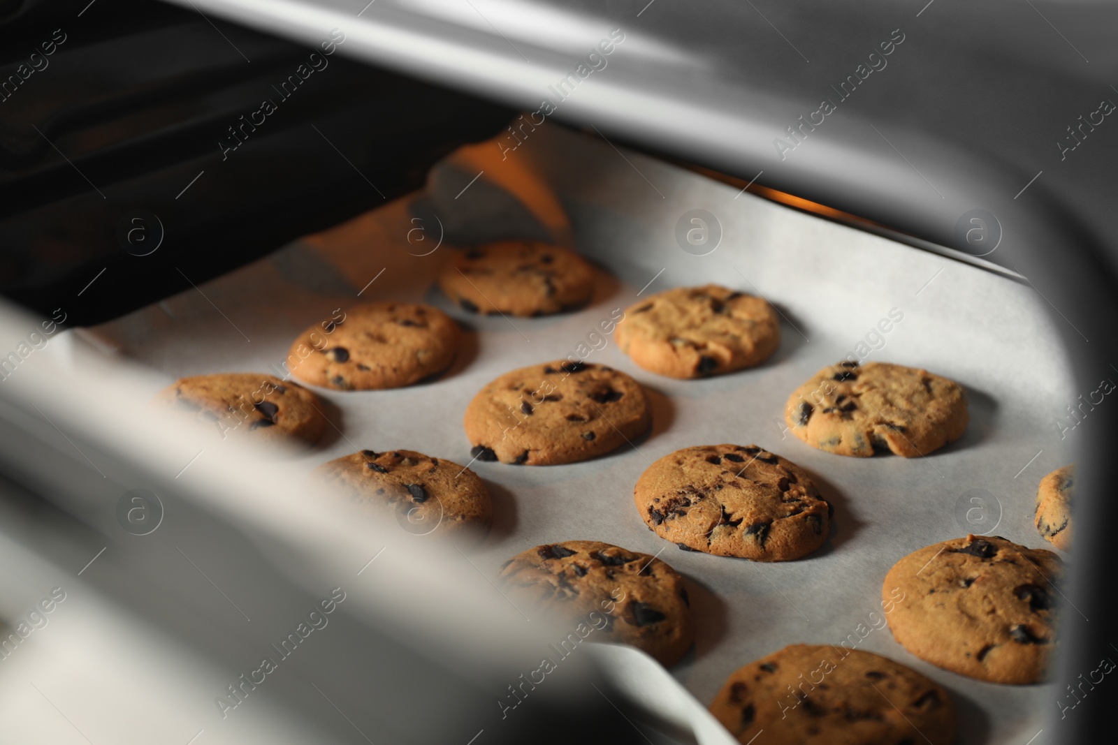 Photo of Baking delicious chocolate chip cookies in oven, closeup