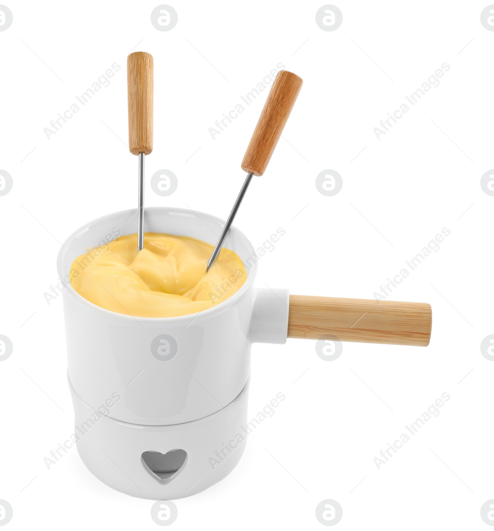 Photo of Pot of tasty cheese fondue and forks isolated on white