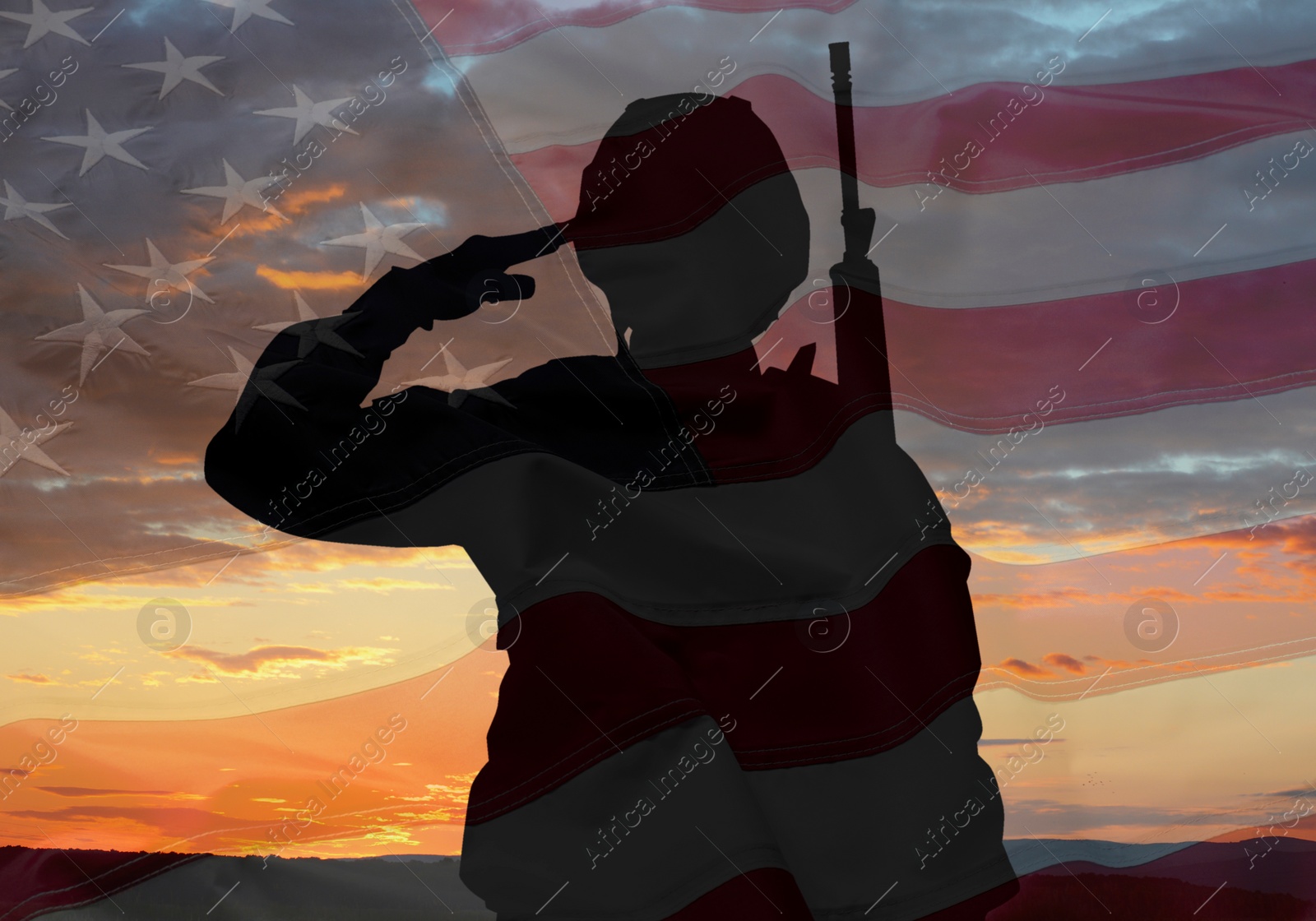 Image of Veterans Day. Silhouette of military man on sunset outdoors and flag of USA, double exposure