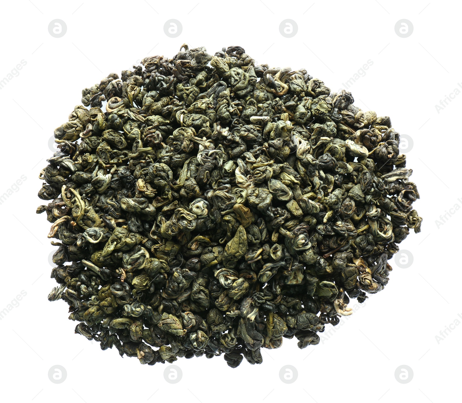 Photo of Pile of dried green tea leaves on white background, top view