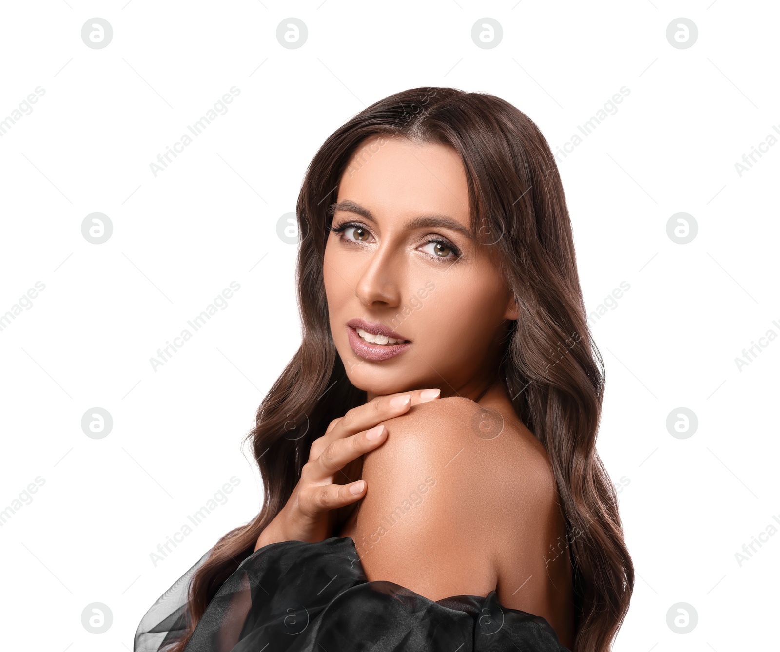 Photo of Hair styling. Portrait of beautiful woman with wavy long hair on white background