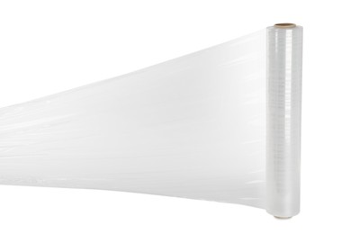 Photo of Roll of transparent plastic stretch wrap on white background