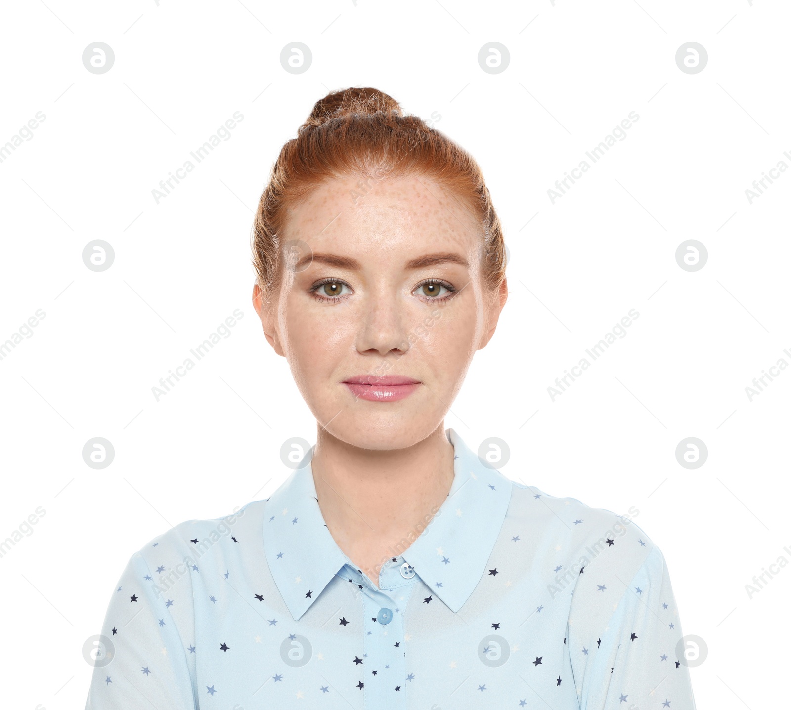 Photo of Portrait of young woman with beautiful face on white background