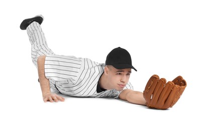 Photo of Baseball player with glove on white background