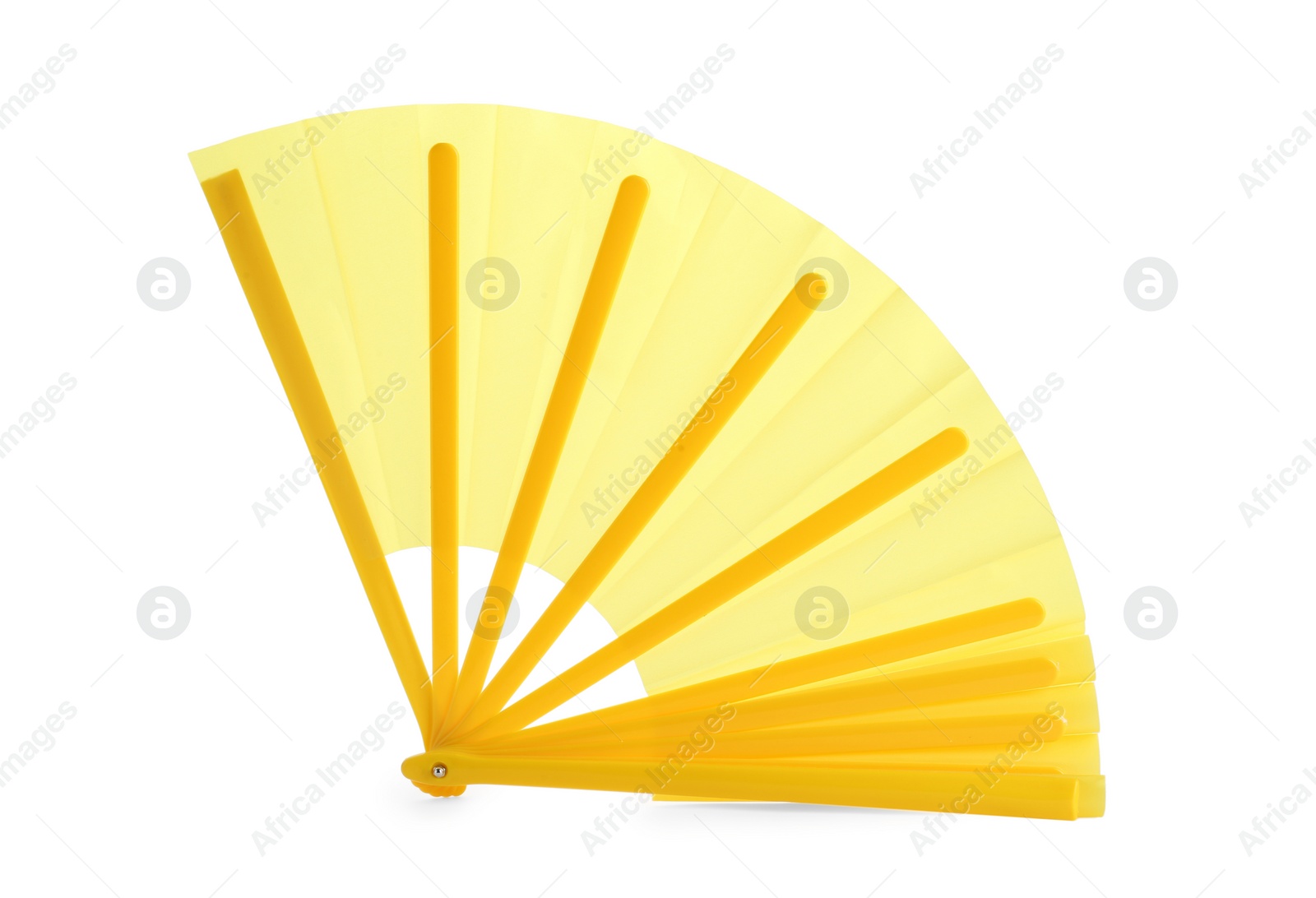 Photo of Bright yellow hand fan isolated on white