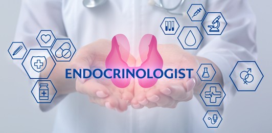 Image of Endocrinologist holding thyroid illustration surrounded by icons on light background, closeup. Banner design