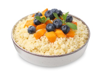 Bowl of tasty couscous with blueberries, pumpkin and mint isolated on white