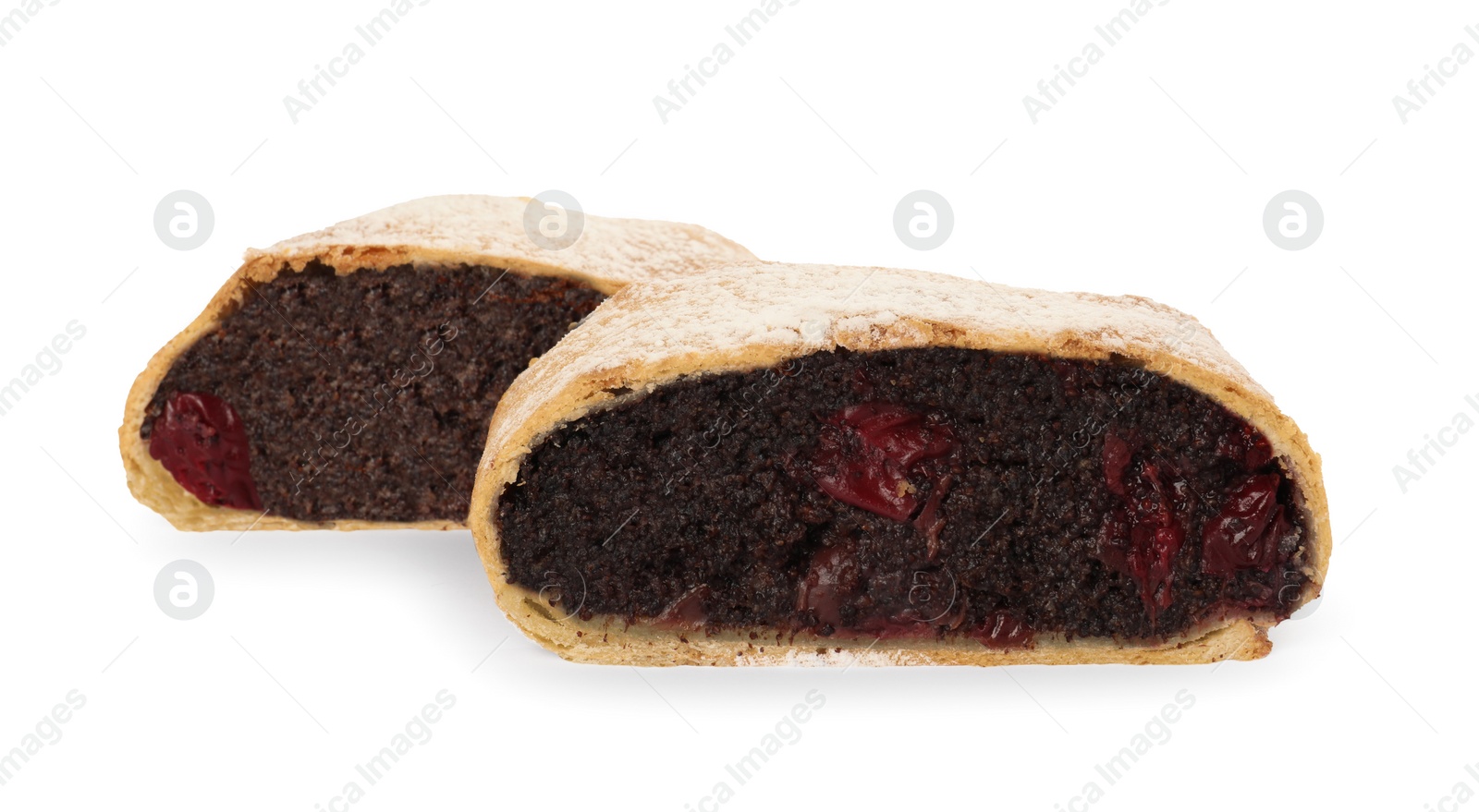 Photo of Delicious cut strudel with cherries and poppy seeds isolated on white