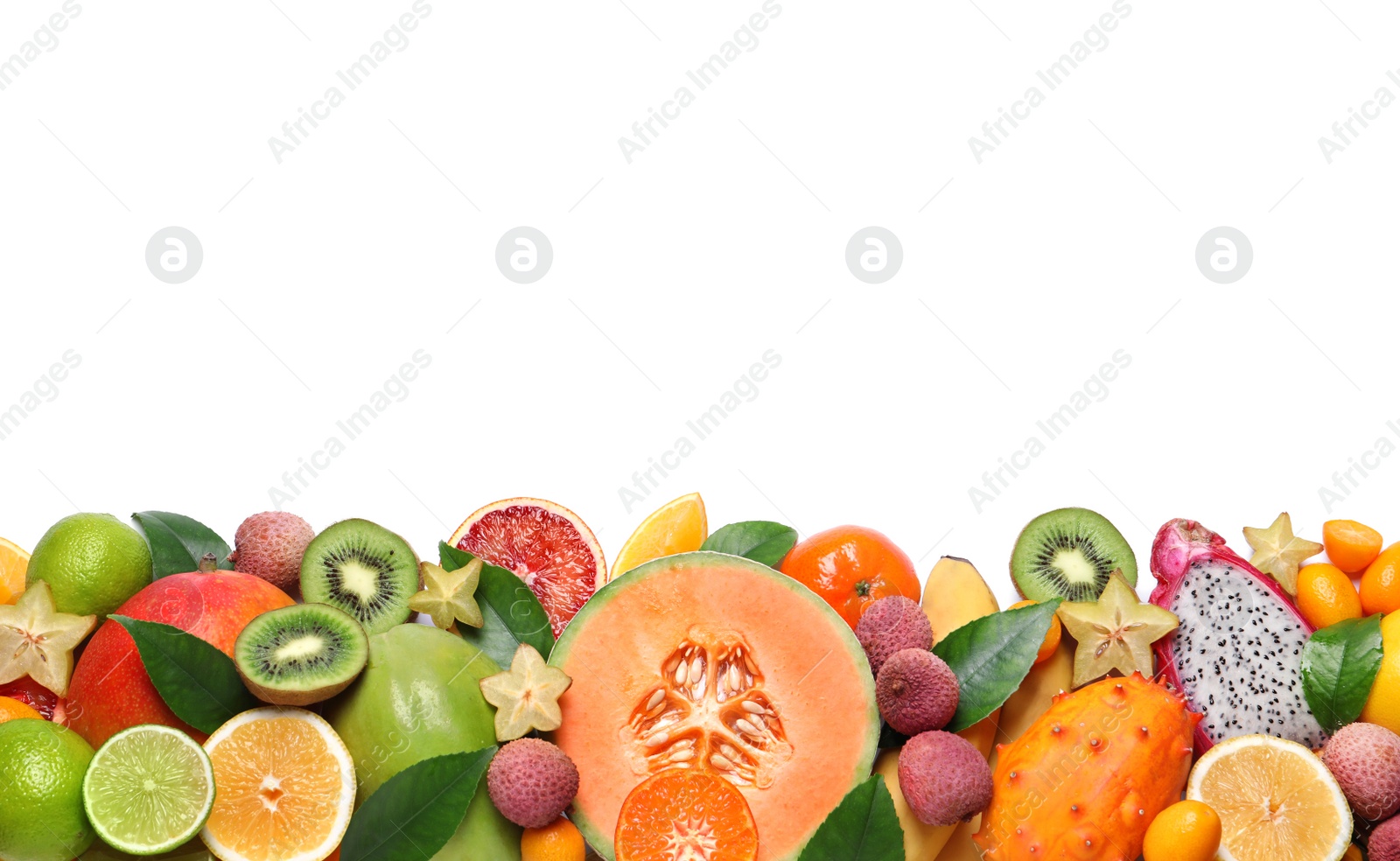 Photo of Different exotic fruits on white background, flat lay. Space for text