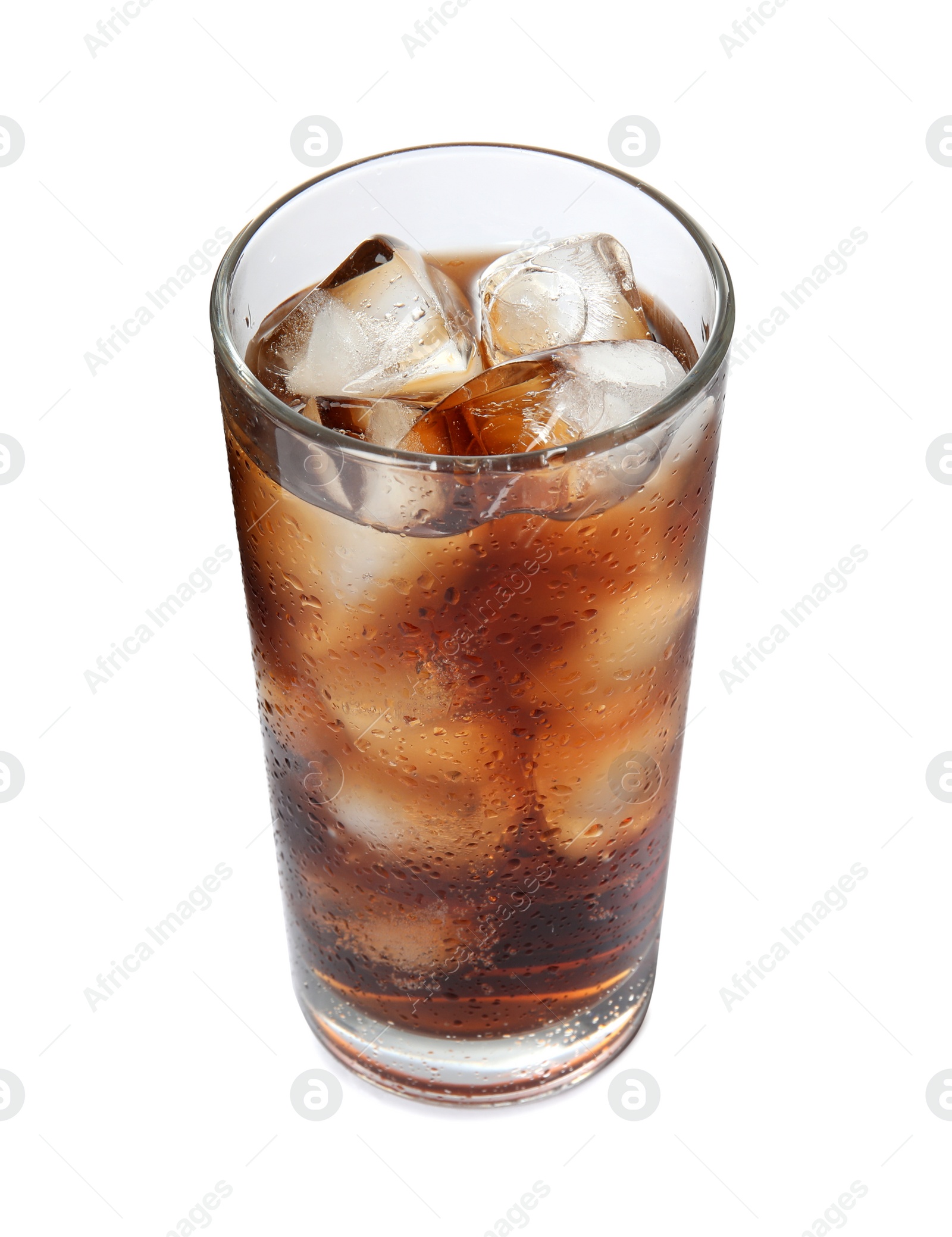 Photo of Glass of refreshing cola with ice on white background