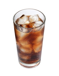 Photo of Glass of refreshing cola with ice on white background