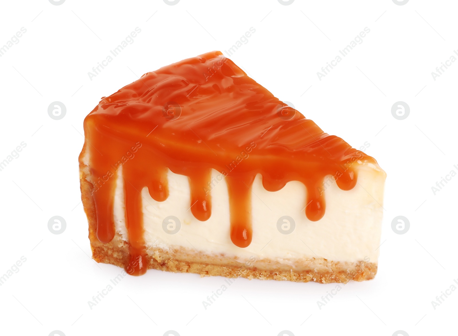 Photo of Piece of delicious cake with caramel isolated on white