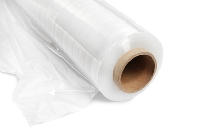 Photo of Roll of plastic stretch wrap film isolated on white, closeup