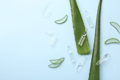 Flat lay composition with skincare ampoules and aloe leaves on light blue background. Space for text