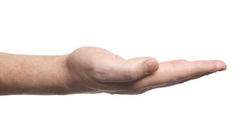 Man holding something in hand on white background, closeup