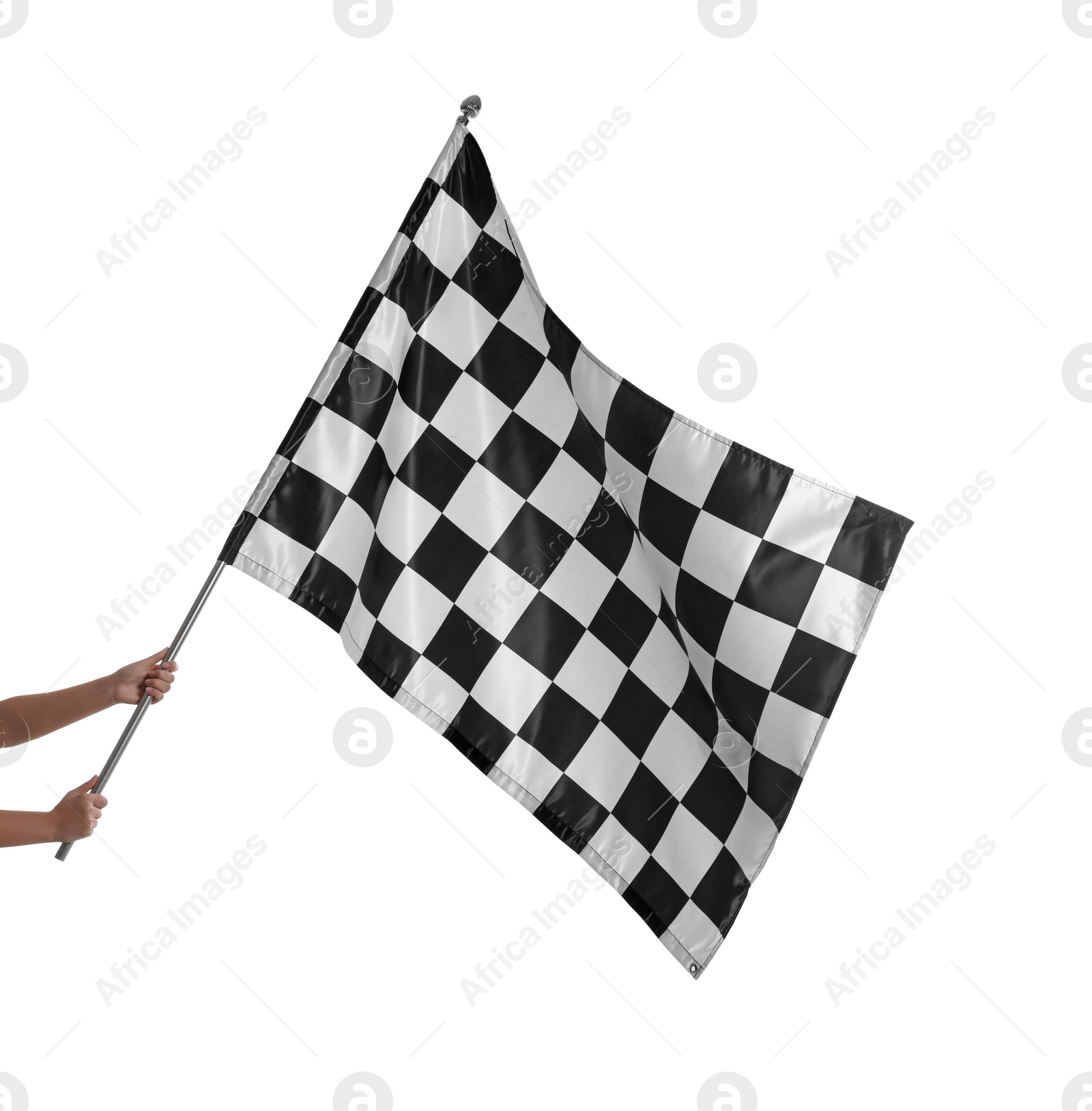 Photo of One checkered finish flag isolated on white