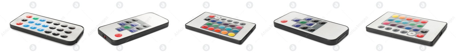 Image of Set of different remote controllers on white background