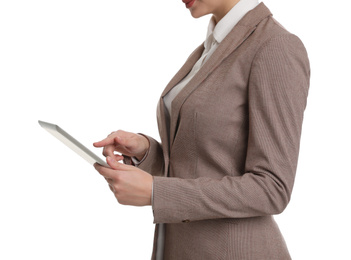 Photo of Young businesswoman with tablet on white background, closeup