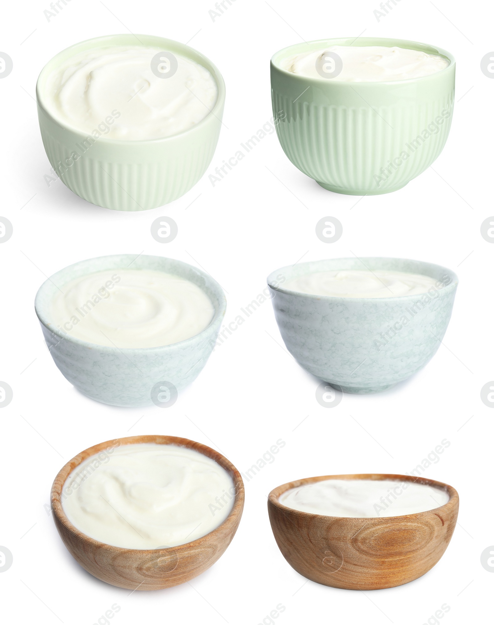 Image of Set of delicious natural yogurt on white background