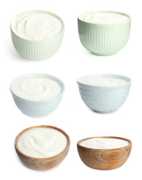 Image of Set of delicious natural yogurt on white background