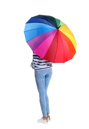 Woman with rainbow umbrella on white background