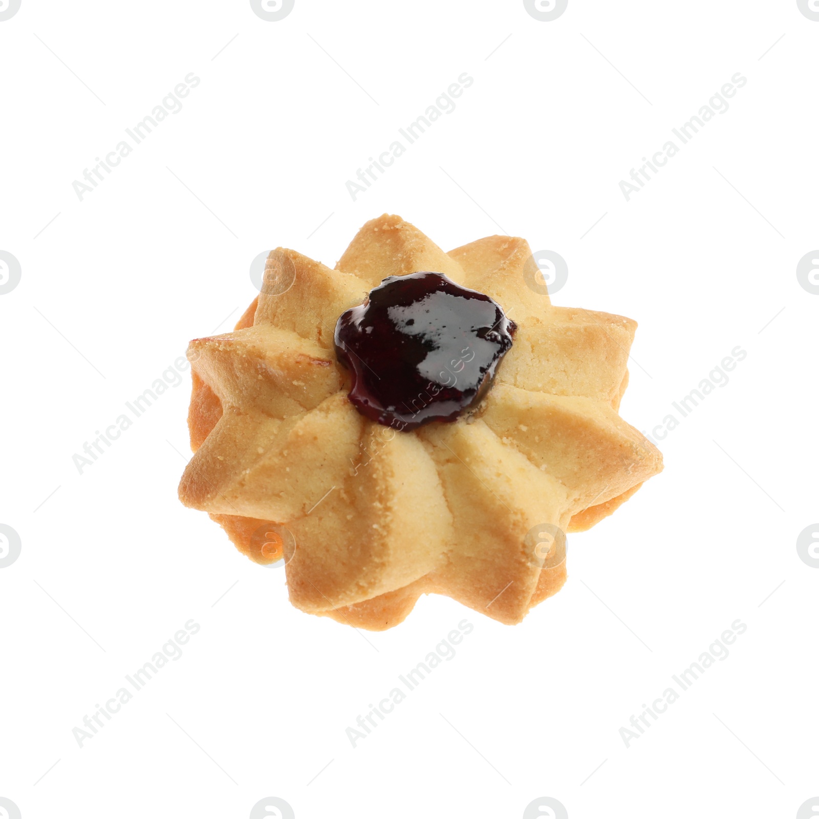 Photo of Tasty shortbread cookie with jam isolated on white