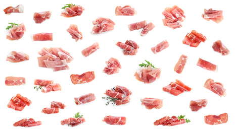 Image of Set of delicious sliced jamon on white background