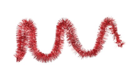 Photo of Shiny red tinsel isolated on white. Christmas decoration