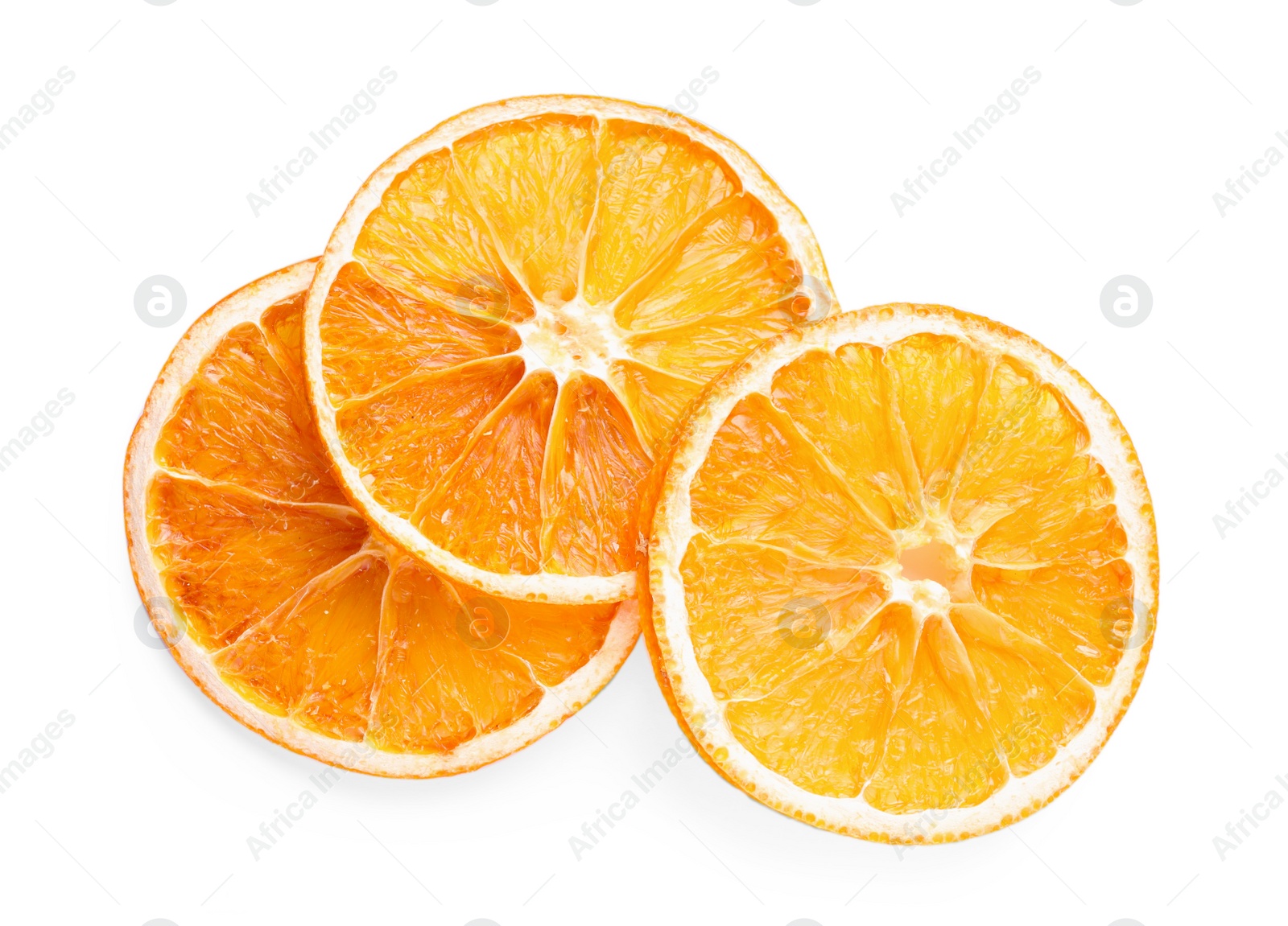 Delicious dry orange slices on white background, top view Photo of Delicious dry orange slices on white background, top view