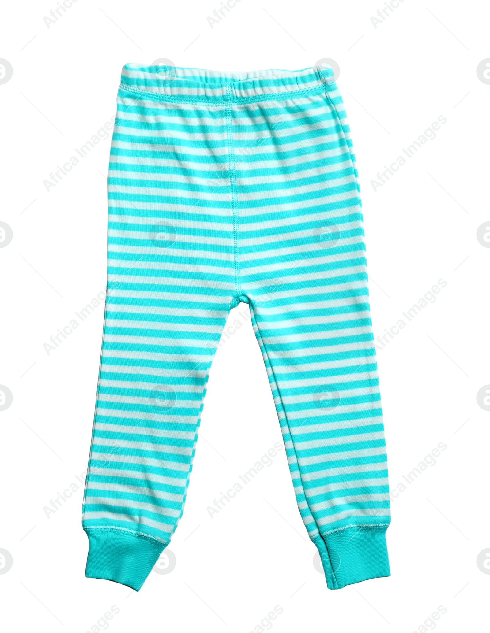 Photo of Cute striped child pants isolated on white, top view