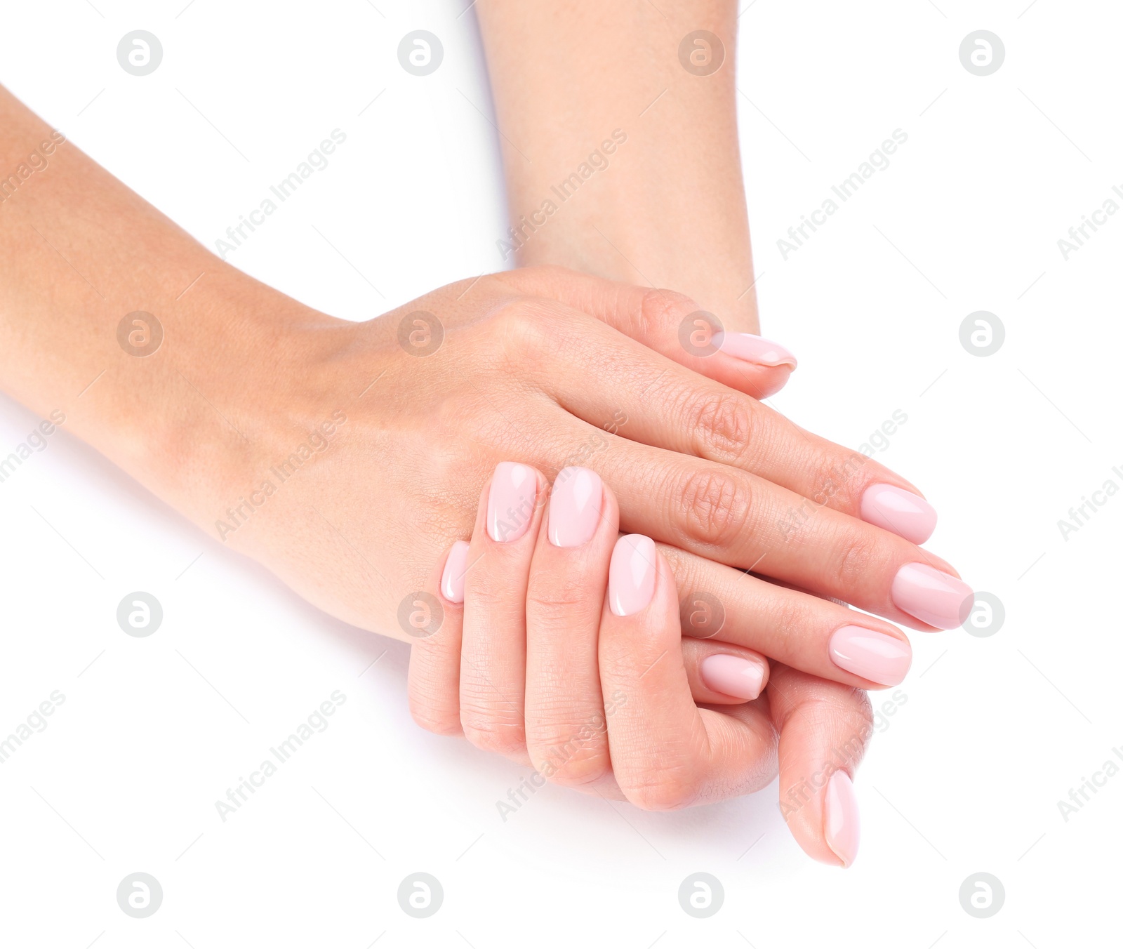 Photo of Woman with beautiful hands on white background, closeup. Spa treatment