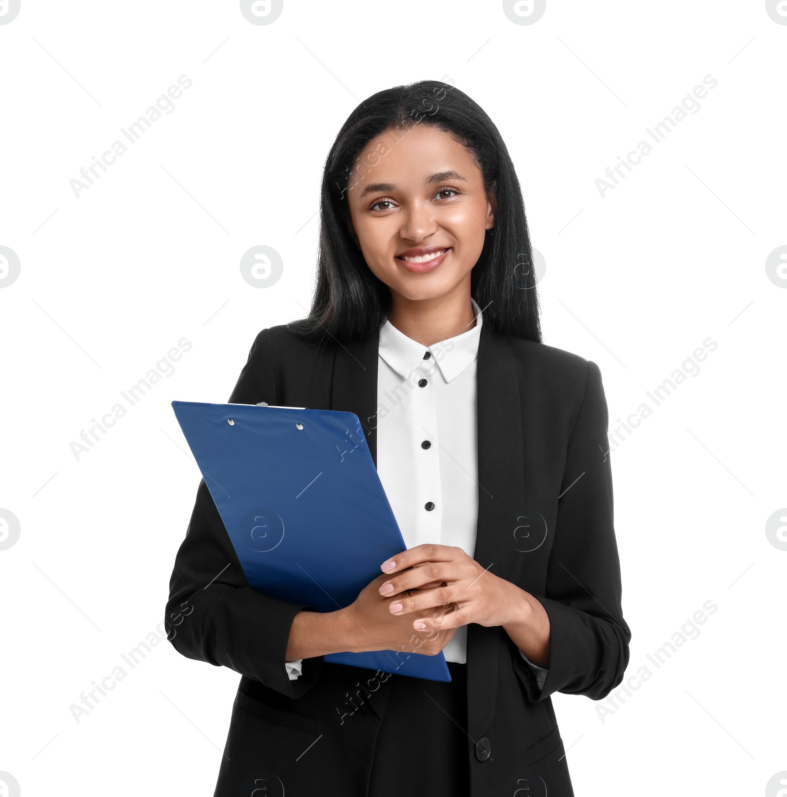 Photo of Beautiful secretary with clipboard on white background