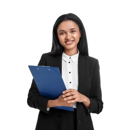 Photo of Beautiful secretary with clipboard on white background
