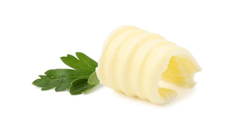 Tasty butter curl and fresh parsley isolated on white