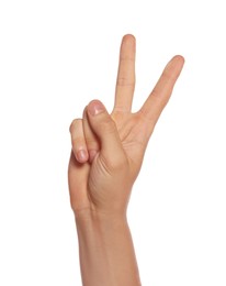 Photo of Man showing victory gesture on white background, closeup