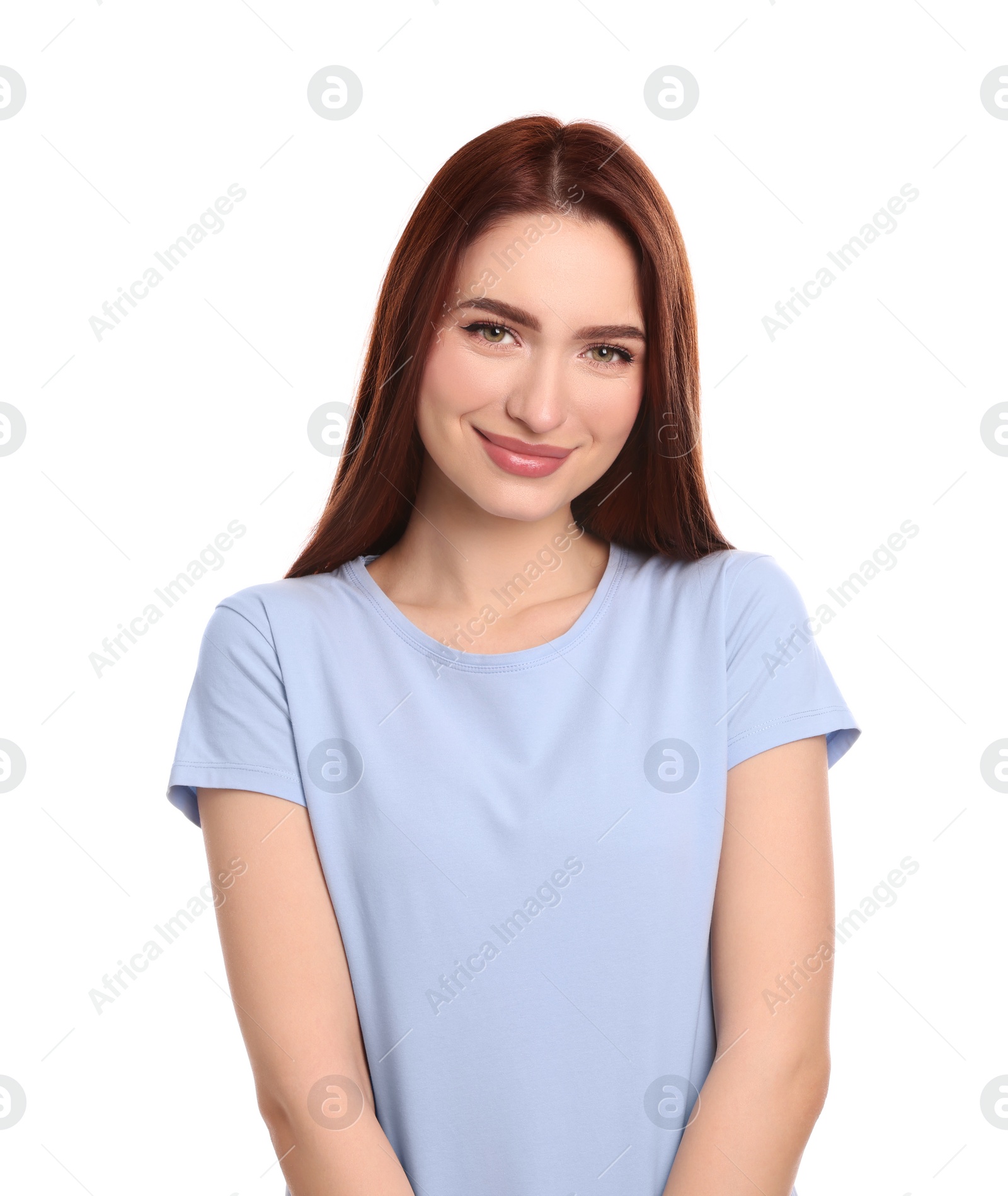 Photo of Beautiful woman with red dyed hair on white background