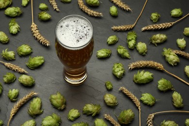 Glass of beer, fresh green hops and spikes on dark grey table