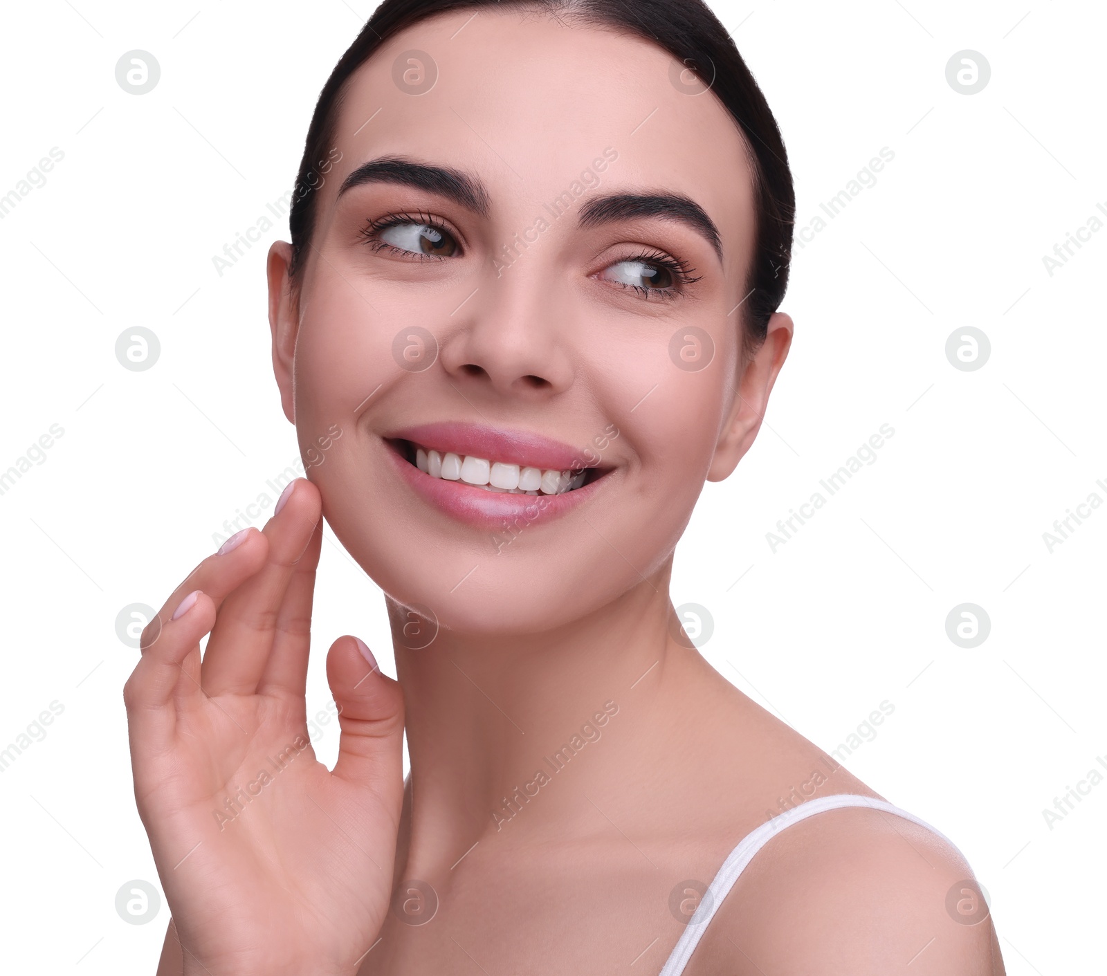 Photo of Beautiful woman with healthy skin on white background. Body Care