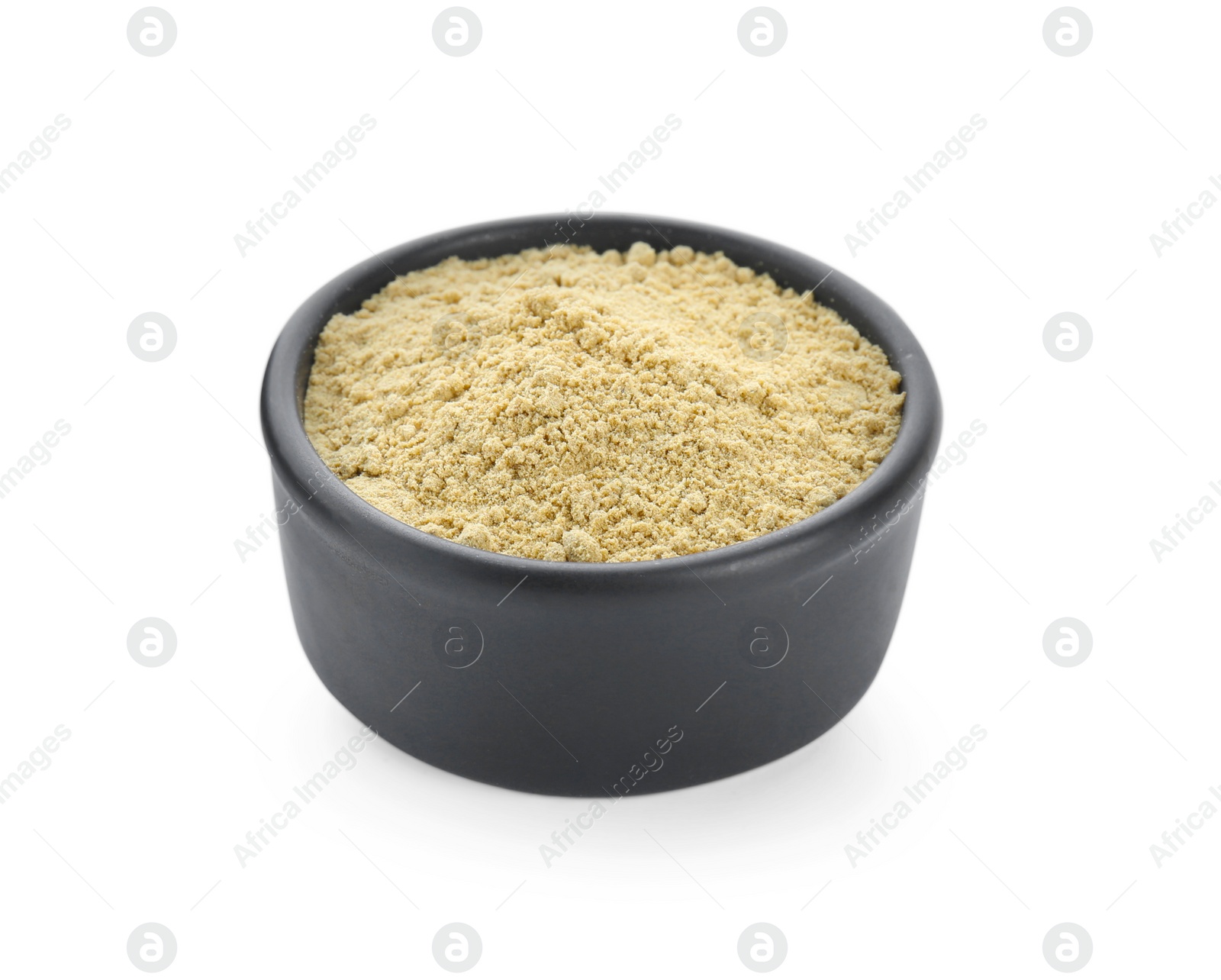 Photo of Aromatic mustard powder in bowl on white background