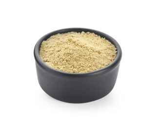 Photo of Aromatic mustard powder in bowl on white background