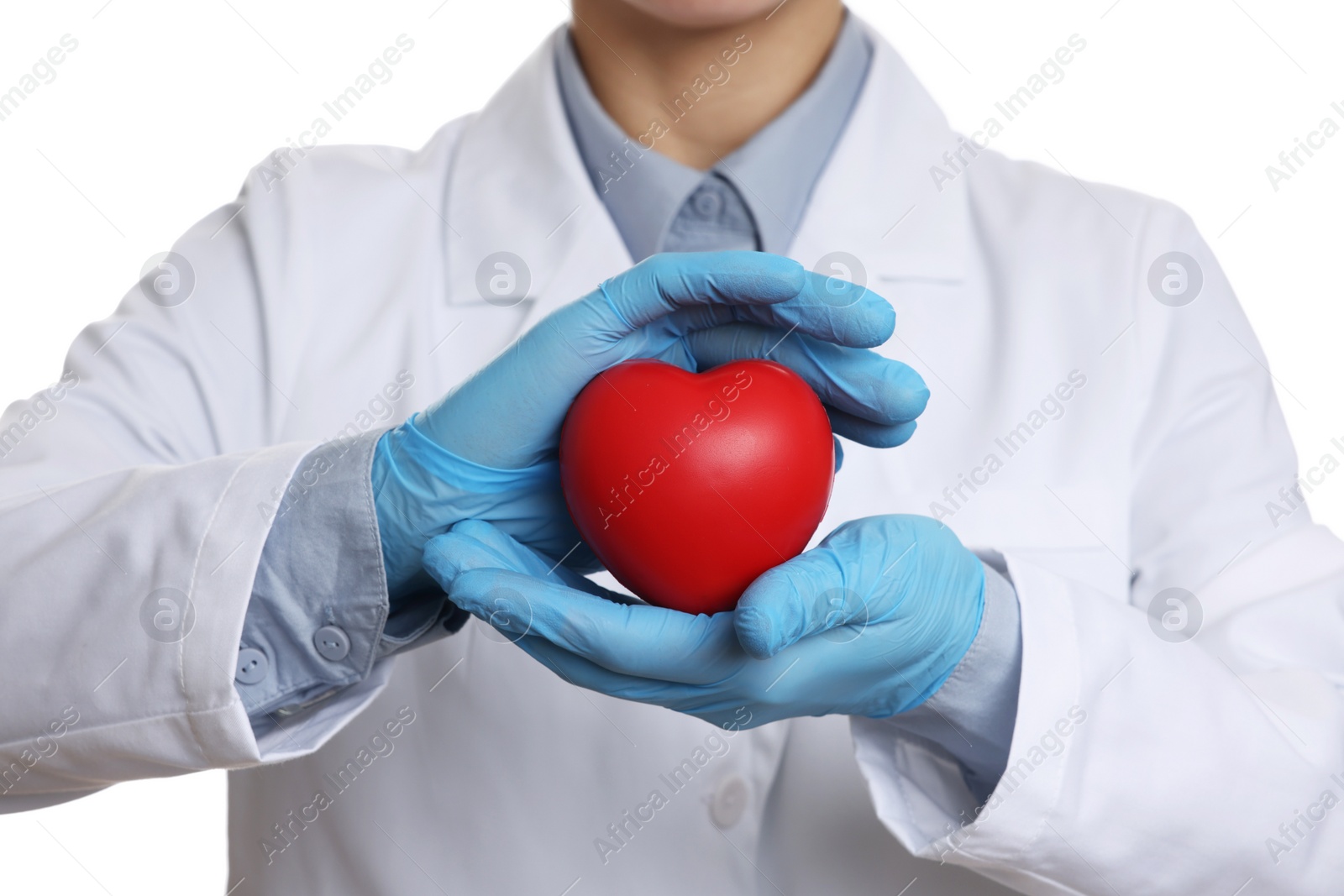 Photo of Doctor wearing light blue medical gloves holding decorative heart on white background, closeup