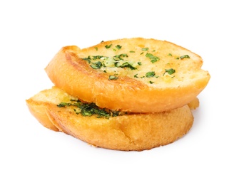 Photo of Slices of tasty garlic bread with herbs isolated on white