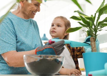 Photo of Little girl and her grandmother taking care of plants indoors