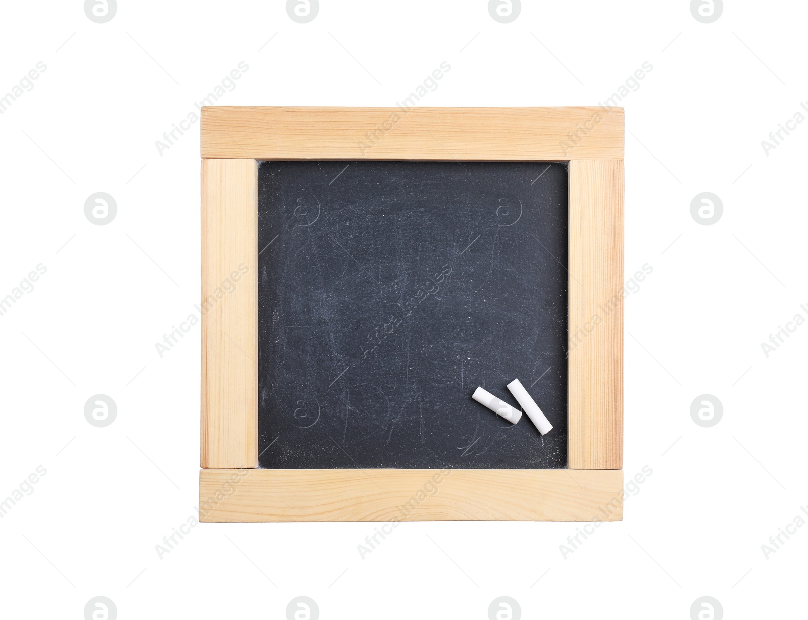 Photo of Empty blackboard with chalk isolated on white, top view. Space for text