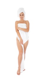 Photo of Full length portrait of young pretty woman with towels on white background