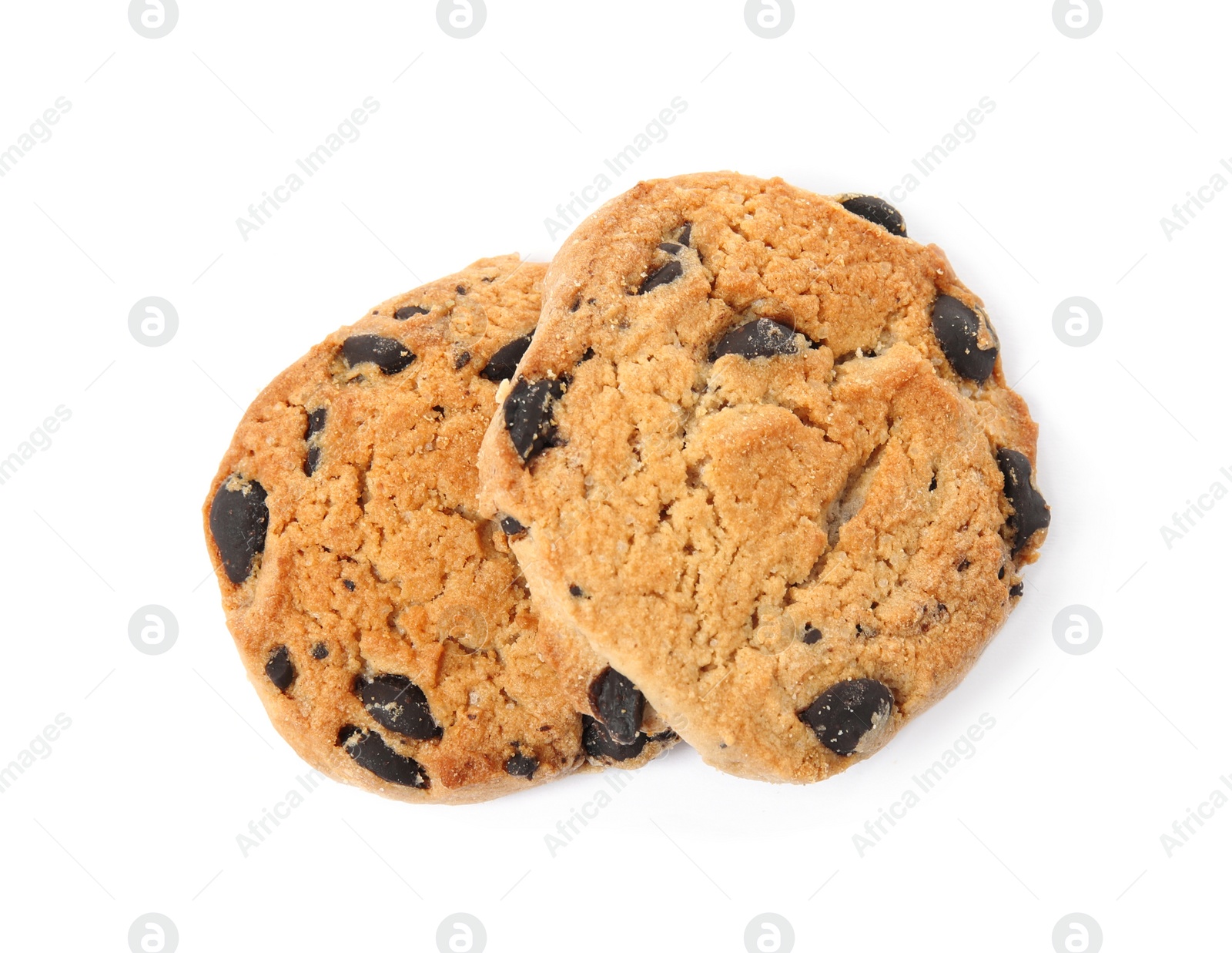 Photo of Delicious chocolate chip cookies on white background, top view