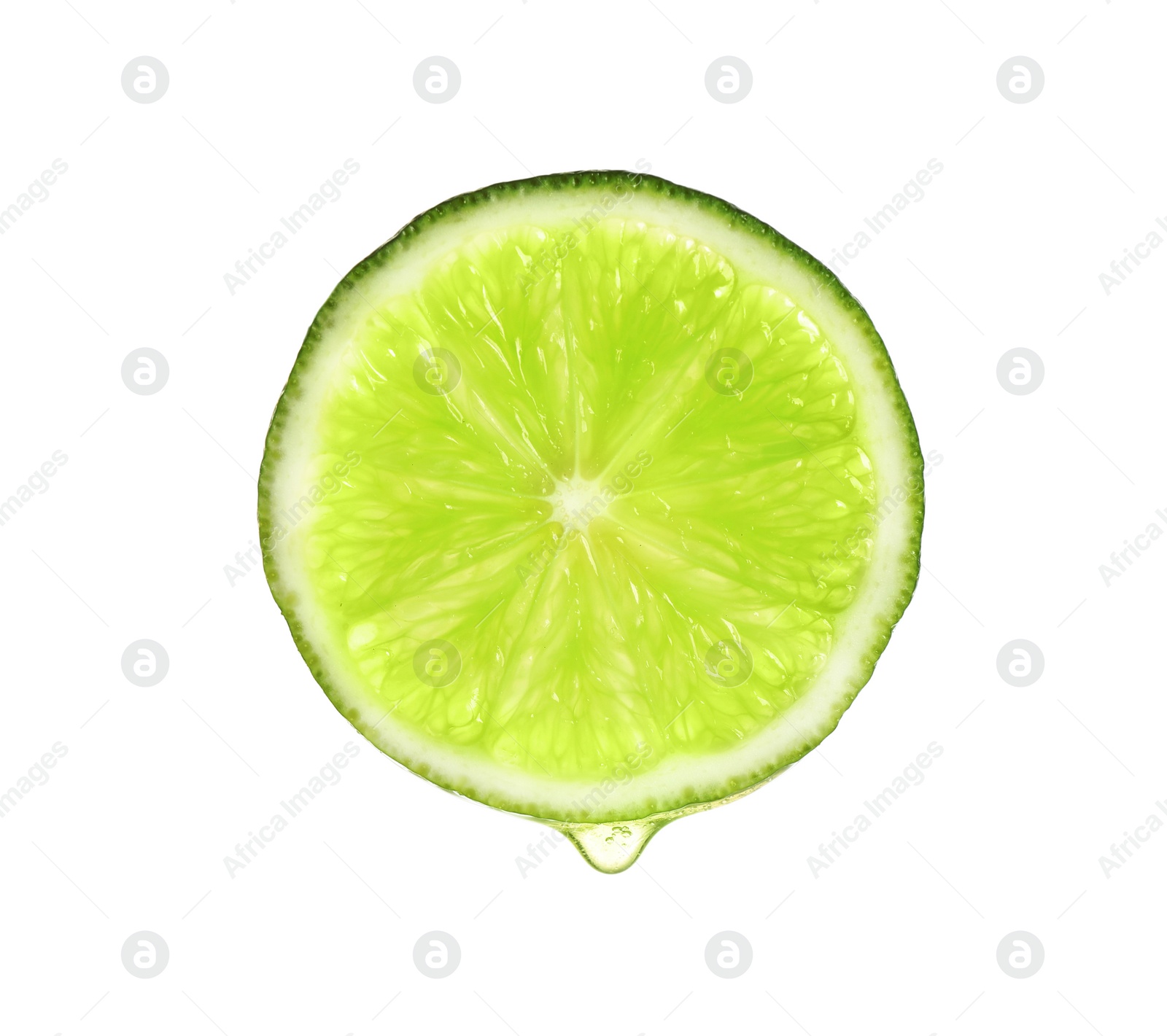 Photo of Slice of lime with dripping essential oil isolated on white