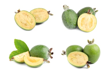 Set of fresh ripe feijoas on white background