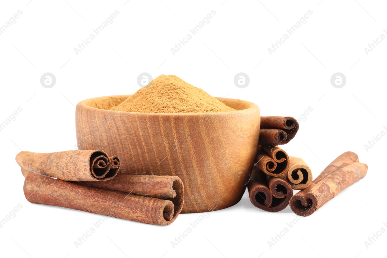 Photo of Dry aromatic cinnamon sticks and powder isolated on white